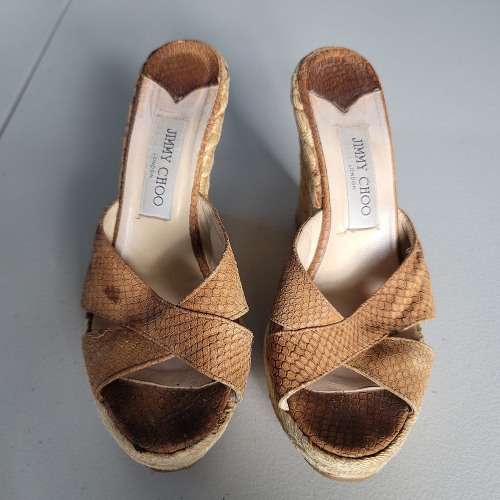 Jimmy Choo Tan Leather Wedge Slides Sandals Size 39 Made in Italy - Picture 3 of 12